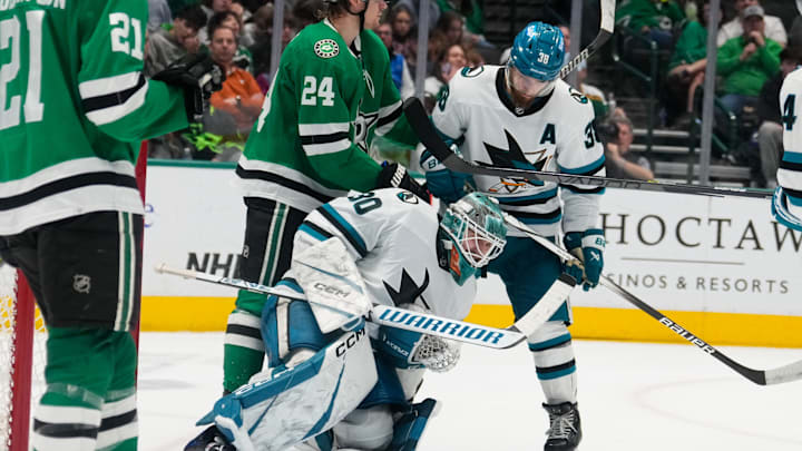 Mar 2, 2024; Dallas, Texas, USA;  San Jose Sharks goaltender Magnus Chrona (30) makes a save against