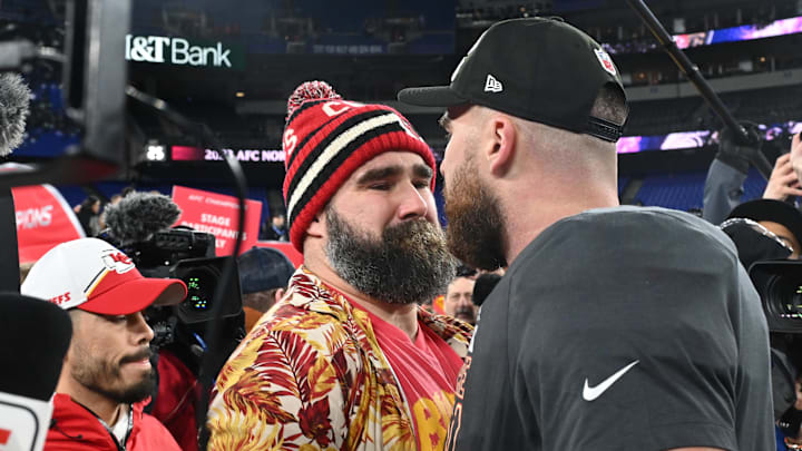 Brothers Jason and Travis Kelce celebrate the Chiefs' playoff win over the Ravens
