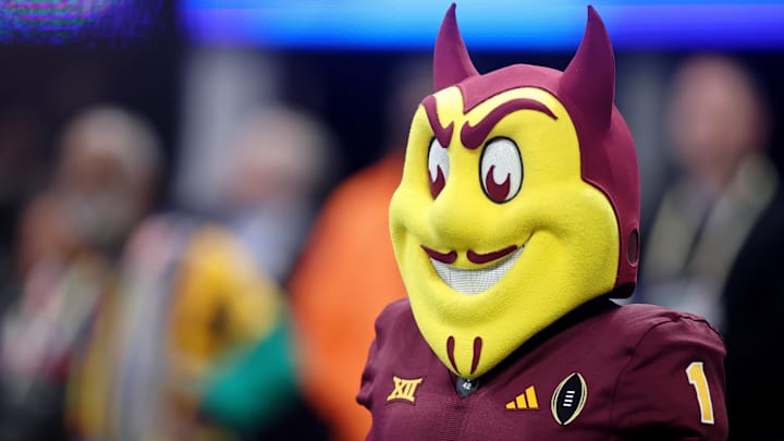 Jan 1, 2025; Atlanta, GA, USA; Arizona State Sun Devils mascot Sparky the Sun Devil before the Peach Bowl at Mercedes-Benz Stadium. Mandatory Credit: Brett Davis-Imagn Images Jan 1, 2025; Atlanta, GA, USA; Arizona State Sun Devils mascot Sparky the Sun Devil before the Peach Bowl at Mercedes-Benz Stadium. Mandatory Credit: Brett Davis-Imagn Images