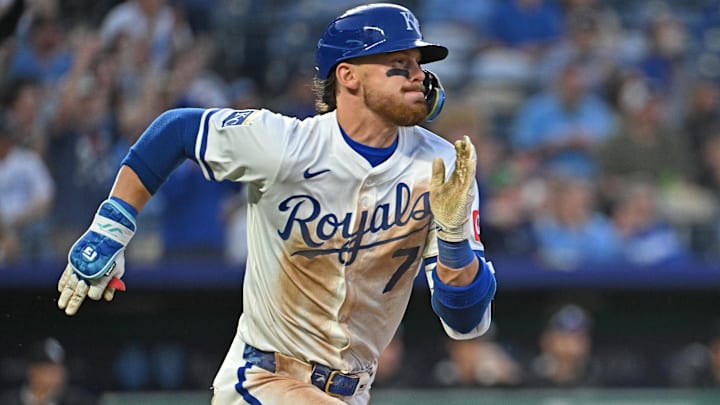 May 5, 2025; Kansas City, Missouri, USA;  Kansas City Royals shortstop Bobby Witt Jr. (7) hits a RBI double in the fifth inning against the Chicago White Sox at Kauffman Stadium in Kansas City, Mo., on May 5, 2025.