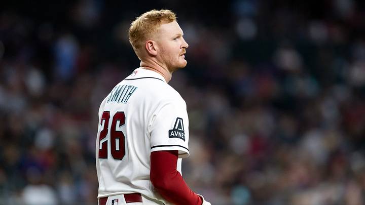 Jul 5, 2026; Phoenix, Arizona, USA; Arizona Diamondbacks first baseman Pavin Smith reacts after hitting into an inning ending double play in the eighth against the Milwaukee Brewers at Chase Field. Mandatory Credit: Mark J. Rebilas-Imagn Images