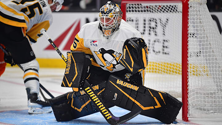 Oct 14, 2025; Anaheim, California, USA; Pittsburgh Penguins goaltender Tristan Jarry (35) defends the goal against the Anaheim Ducks during the second period at Honda Center. Mandatory Credit: Gary A. Vasquez-Imagn Images Oct 14, 2025; Anaheim, California, USA; Pittsburgh Penguins goaltender Tristan Jarry (35) defends the goal against the Anaheim Ducks during the second period at Honda Center. Mandatory Credit: Gary A. Vasquez-Imagn Images