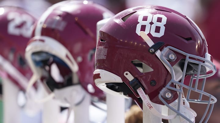 Sep 14, 2024; Madison, Wisconsin, USA; General view of Alabama Crimson Tide helmets during the game against the Wisconsin Badgers at Camp Randall Stadium. Mandatory Credit: Jeff Hanisch-Imagn Images Sep 14, 2024; Madison, Wisconsin, USA; General view of Alabama Crimson Tide helmets during the game against the Wisconsin Badgers at Camp Randall Stadium. Mandatory Credit: Jeff Hanisch-Imagn Images