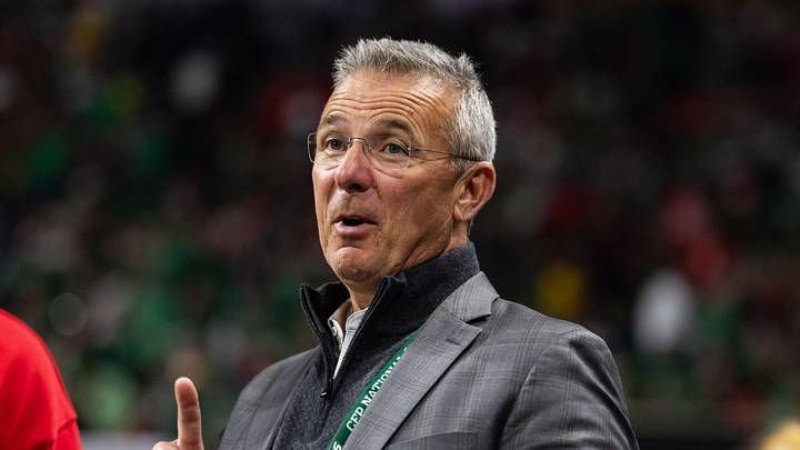Jan 20, 2025; Atlanta, GA, USA; Ohio State Buckeyes former head coach Urban Meyer in attendance against the Notre Dame Fighting Irish during the CFP National Championship college football game at Mercedes-Benz Stadium. Jan 20, 2025; Atlanta, GA, USA; Ohio State Buckeyes former head coach Urban Meyer in attendance against the Notre Dame Fighting Irish during the CFP National Championship college football game at Mercedes-Benz Stadium.