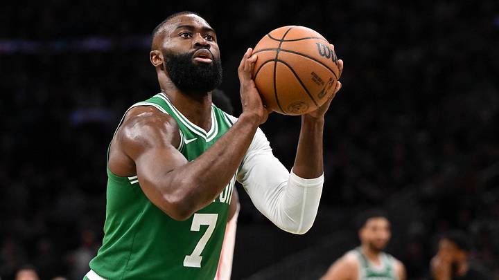 Apr 21, 2026; Boston, Massachusetts, USA; Boston Celtics guard Jaylen Brown (7) attempts a free throw against the Philadelphia 76ers in the second half of a game two of the first round of the 2026 NBA Playoffs at TD Garden. Mandatory Credit: Brian Fluharty-Imagn Images