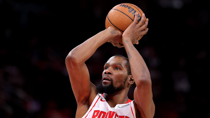 Feb 5, 2026; Houston, Texas, USA; Houston Rockets forward Kevin Durant (7) shoots a free throw against the Charlotte Hornets during the third quarter at Toyota Center. Mandatory Credit: Erik Williams-Imagn Images