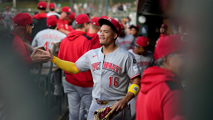 Sep 12, 2025; West Sacramento, California, USA; Cincinnati Reds right fielder Noelvi Marte (16) meets with teammates before the start of the game against the Athletics at Sutter Health Park. Mandatory Credit: Cary Edmondson-Imagn Images