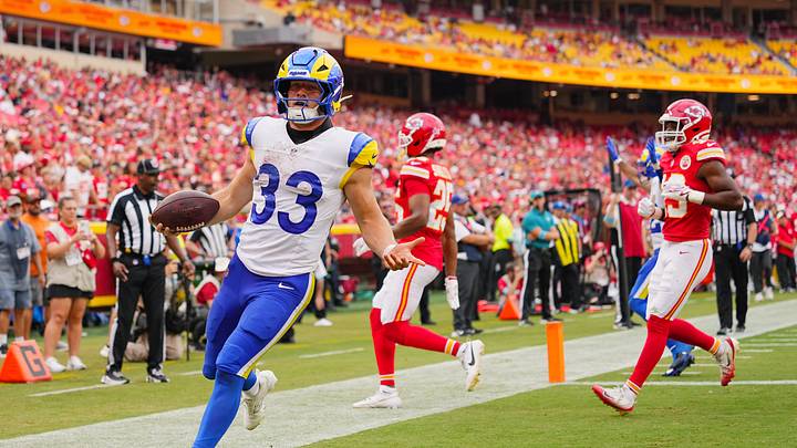 Aug 15, 2026; Kansas City, Missouri, USA; Los Angeles Rams running back Dean Connors (33) scores a touchdown during the second half against the Kansas City Chiefs at at Arrowhead Stadium. Mandatory Credit: Jay Biggerstaff-Imagn Images Aug 15, 2026; Kansas City, Missouri, USA; Los Angeles Rams running back Dean Connors (33) scores a touchdown during the second half against the Kansas City Chiefs at at Arrowhead Stadium. Mandatory Credit: Jay Biggerstaff-Imagn Images