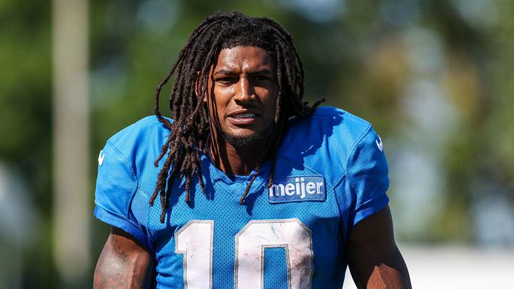 Aug 3, 2026; Allen Park, MI, USA;  Detroit Lions running back Isiah Pacheco (10) walks off the field following Detroit Lions training camp. Mandatory Credit: Paul Barnick-Imagn Images