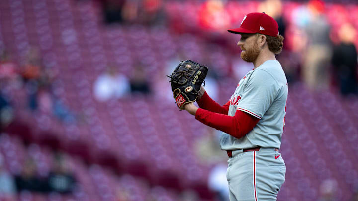 Philadelphia Phillies pitcher Spencer Turnbull (22) prepares to pitch in the first inning of the MLB baseball game between the Cincinnati Reds and the Philadelphia Phillies at Great American Ball Park in Cincinnati on Wednesday, April 24, 2024.