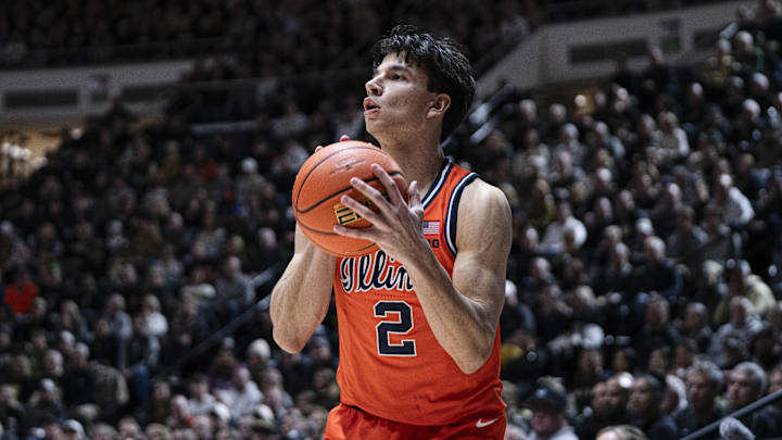 Jan 24, 2026; West Lafayette, Indiana, USA; Illinois Fighting Illini guard Andrej Stojakovic (2) looks to shoot a three pointer during the first half against Purdue on Jan 24, 2026, in West Lafayette, Indiana, at Mackey Arena.  Mandatory Credit: Jacob Musselman-Imagn Images