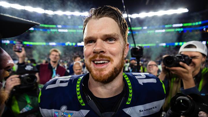 Feb 8, 2026; Santa Clara, CA, USA; Seattle Seahawks quarterback Sam Darnold (14) celebrates after defeating the New England Patriots during Super Bowl LX at Levi's Stadium. Feb 8, 2026; Santa Clara, CA, USA; Seattle Seahawks quarterback Sam Darnold (14) celebrates after defeating the New England Patriots during Super Bowl LX at Levi's Stadium.