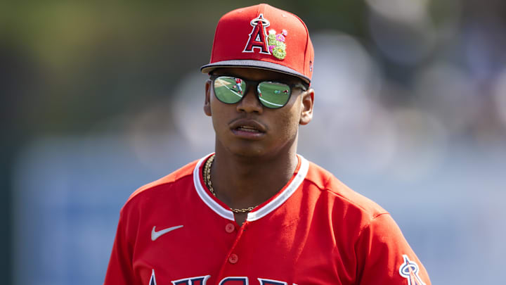 Mar 1, 2026; Phoenix, Arizona, USA; Los Angeles Angels outfielder Nelson Rada against the Los Angeles Dodgers during a spring training game at Camelback Ranch-Glendale. Mandatory Credit: Mark J. Rebilas-Imagn Images