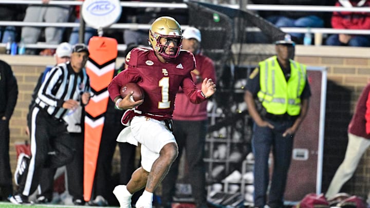Oct 25, 2024; Chestnut Hill, Massachusetts, USA; Boston College Eagles quarterback Thomas Castellanos (1) runs the ball against the Louisville Cardinals during the first half at Alumni Stadium. Mandatory Credit: Eric Canha-Imagn Images Oct 25, 2024; Chestnut Hill, Massachusetts, USA; Boston College Eagles quarterback Thomas Castellanos (1) runs the ball against the Louisville Cardinals during the first half at Alumni Stadium. Mandatory Credit: Eric Canha-Imagn Images