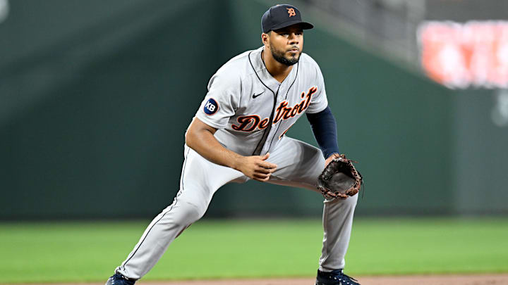 Detroit Tigers third baseman Jeimer Candelario prepares before the pitch during a game from the 2022 season. 