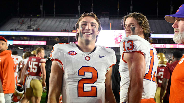 Oct 11, 2025; Chestnut Hill, Massachusetts, USA; Clemson Tigers quarterback Cade Klubnik (2) celebrates after defeating the Boston College Eagles at Alumni Stadium. Mandatory Credit: Eric Canha-Imagn Images