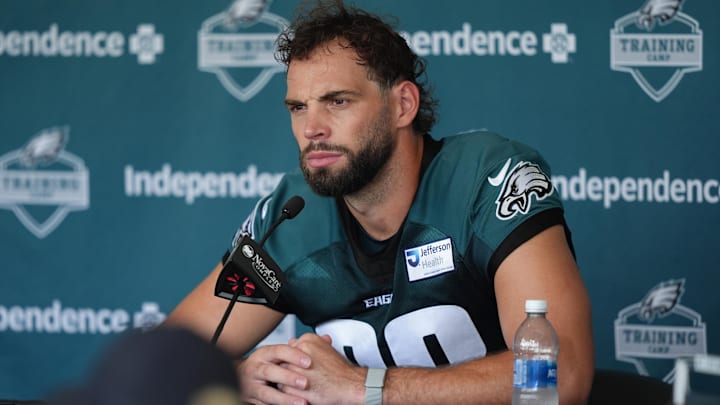 Jul 24, 2025; Philadelphia, PA, USA; Philadelphia Eagles tight end Dallas Goedert (88) addresses media during training camp at NovaCare Complex. 