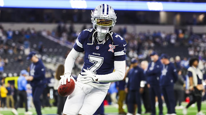 Dec 21, 2025; Arlington, Texas, USA; Dallas Cowboys cornerback Trevon Diggs (7) participates in pregame warmups against the Los Angeles Chargers at AT&T Stadium. Mandatory Credit: Kevin Jairaj-Imagn Images