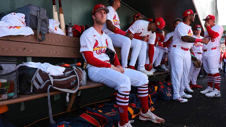 Feb 27, 2026; Jupiter, Florida, USA; St. Louis Cardinals starting pitcher Quinn Mathews (60) sits in the dugout before the game against the New York Mets at Roger Dean Chevrolet Stadium. Mandatory Credit: Sam Navarro-Imagn Images