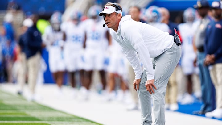 Sep 6, 2025; Lexington, Kentucky, USA; Mississippi Rebels head coach Lane Kiffin looks on during the second quarter against the Kentucky Wildcats at Kroger Field. Mandatory Credit: Jordan Prather-Imagn Images