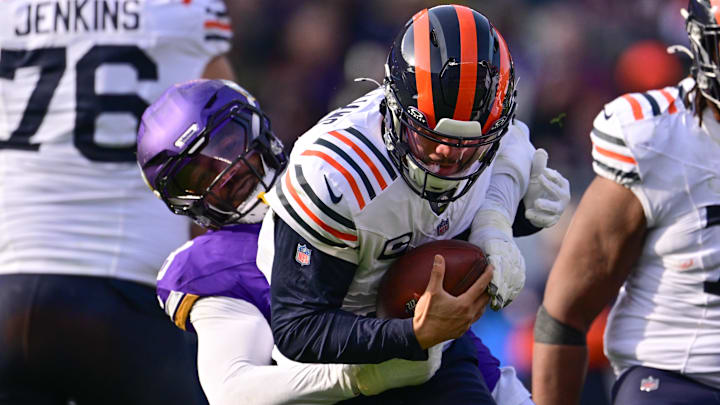 Nov 24, 2024; Chicago, Illinois, USA; Minnesota Vikings linebacker Jonathan Greenard (58) sacks Chicago Bears quarterback Caleb Williams (18) during the second quarter at Soldier Field. Nov 24, 2024; Chicago, Illinois, USA; Minnesota Vikings linebacker Jonathan Greenard (58) sacks Chicago Bears quarterback Caleb Williams (18) during the second quarter at Soldier Field.