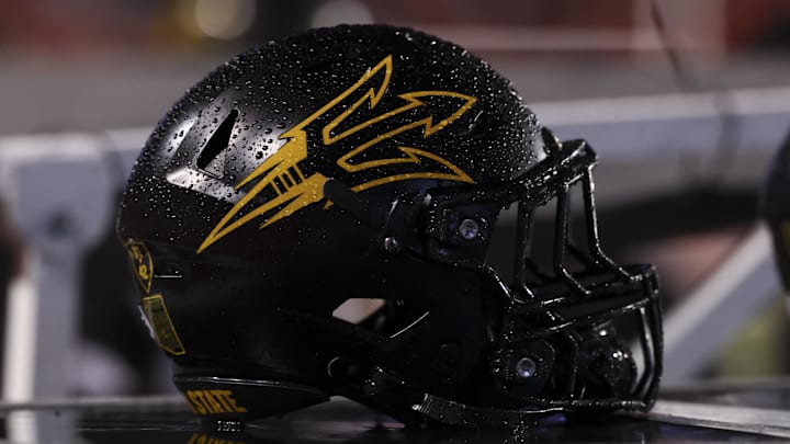 Oct 11, 2025; Salt Lake City, Utah, USA; A general view of the helmet worn by the Arizona State Sun Devils during the game against the Utah Utes at Rice-Eccles Stadium. 