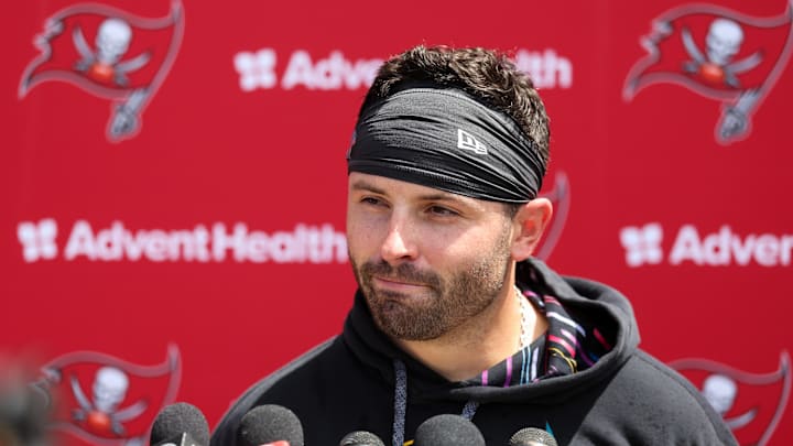 Tampa Bay Buccaneers quarterback Baker Mayfield gives a press conference after mini camp.