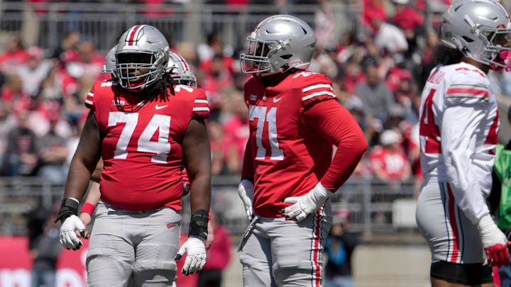 April 13, 2024; Columbus, Ohio, USA;
Ohio State Buckeyes offensive lineman Donovan Jackson (74) and offensive tackle Josh Simmons (71) compete during the first half of the LifeSports spring football game at Ohio Stadium on Saturday. April 13, 2024; Columbus, Ohio, USA;
Ohio State Buckeyes offensive lineman Donovan Jackson (74) and offensive tackle Josh Simmons (71) compete during the first half of the LifeSports spring football game at Ohio Stadium on Saturday.