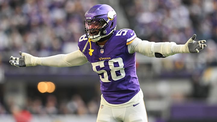 Dec 1, 2024; Minneapolis, Minnesota, USA; Minnesota Vikings linebacker Jonathan Greenard (58) reacts during the second quarter against the Arizona Cardinals at U.S. Bank Stadium.