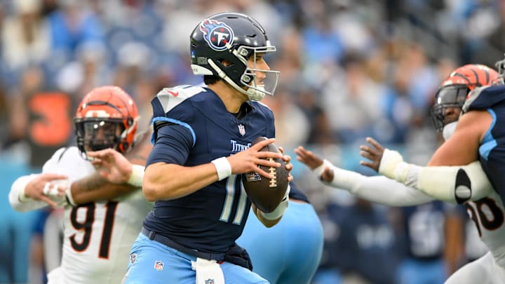 Dec 15, 2024; Nashville, Tennessee, USA;  Tennessee Titans quarterback Mason Rudolph (11) stands in the pocket against the Cincinnati Bengals during the second half at Nissan Stadium.
