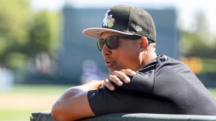 Mar 14, 2026; Phoenix, Arizona, USA; Chicago White Sox manager Will Venable against the Los Angeles Dodgers during a spring training game at Camelback Ranch-Glendale. Mandatory Credit: Mark J. Rebilas-Imagn Images