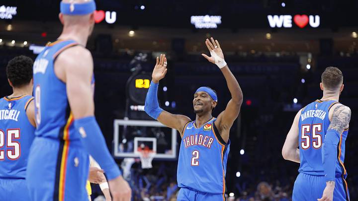 May 5, 2026; Oklahoma City, Oklahoma, USA; Oklahoma City Thunder guard Shai Gilgeous-Alexander (2) celebrates with his team after a play against the Los Angeles Lakers in the second half during game one of the second round of the 2026 NBA Playoffs at Paycom Center. Mandatory Credit: Alonzo Adams-Imagn Images