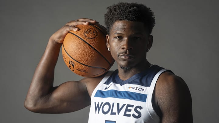 Sep 29, 2025; Minneapolis, MN, USA; Minnesota Timberwolves guard Anthony Edwards (5) poses for a photograph as part of media day at Target Center. Sep 29, 2025; Minneapolis, MN, USA; Minnesota Timberwolves guard Anthony Edwards (5) poses for a photograph as part of media day at Target Center.