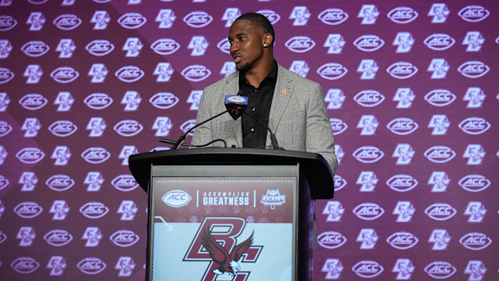 Jul 24, 2024; Charlotte, NC, USA; Boston College Eagles defensive end Donovan Ezeiruaku speaks to the media during the ACC Kickoff at Hilton Charlotte Uptown. Mandatory Credit: Jim Dedmon-Imagn Images Jul 24, 2024; Charlotte, NC, USA; Boston College Eagles defensive end Donovan Ezeiruaku speaks to the media during the ACC Kickoff at Hilton Charlotte Uptown. Mandatory Credit: Jim Dedmon-Imagn Images