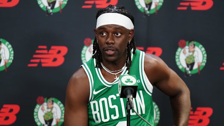 Sep 24, 2024; Boston, MA, USA;  Boston Celtics guard Jrue Holiday (4) talks to reporters during media day at Auerbach Center. Mandatory Credit: David Butler II-Imagn Images