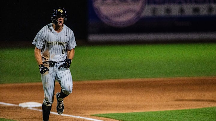 Charlotte, NC, USA; Wake Forest outfielder Nick Kurtz (8) celebrates a two run homer in the twelfth inning against the North Carolina Tar Heels during the ACC Baseball Tournament at Truist Field.