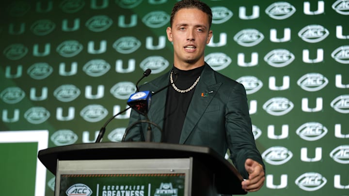 Miami quarterback Carson Beck answers questions from the media during ACC Media Days at Hilton Charlotte Uptown. Miami quarterback Carson Beck answers questions from the media during ACC Media Days at Hilton Charlotte Uptown.