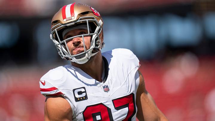 Sep 21, 2025; Santa Clara, California, USA; San Francisco 49ers defensive end Nick Bosa (97) on the field during warm ups prior to a game against the Arizona Cardinals during the first half at Levi's Stadium. Mandatory Credit: Cary Edmondson-Imagn Images