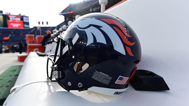 Dec 18, 2022; Denver, Colorado, USA; Detailed view of the helmet of Denver Broncos place kicker Brandon McManus (8) (not pictured) prior to the game against the Arizona Cardinals at Empower Field at Mile High. Mandatory Credit: Ron Chenoy-Imagn Images