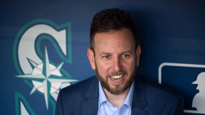 Oct 2, 2022; Seattle, Washington, USA; Justin Hollander, the new Seattle Mariners General Manager is interviewed prior to the game against the Oakland Athletics at T-Mobile Park. Mandatory Credit: Steven Bisig-Imagn Images Oct 2, 2022; Seattle, Washington, USA; Justin Hollander, the new Seattle Mariners General Manager is interviewed prior to the game against the Oakland Athletics at T-Mobile Park. Mandatory Credit: Steven Bisig-Imagn Images