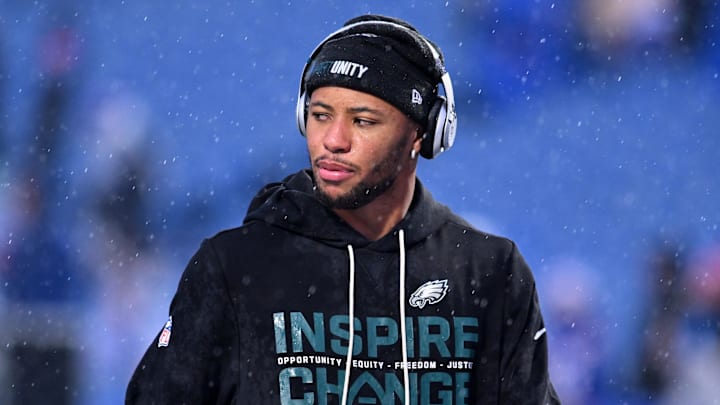 Dec 28, 2025; Orchard Park, New York, USA; Philadelphia Eagles running back Saquon Barkley (26) looks on during warmups before the game against the Buffalo Bills at Highmark Stadium. Mandatory Credit: Mark Konezny-Imagn Images