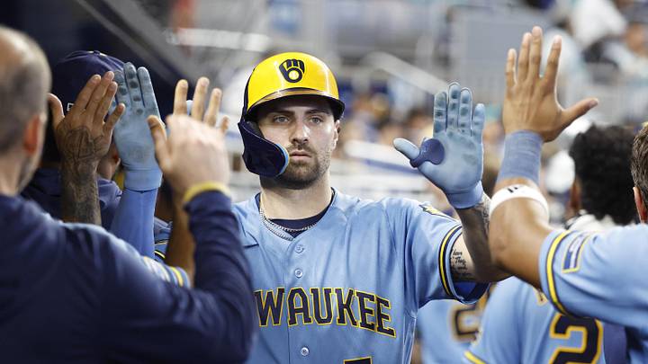 Apr 19, 2026; Miami, Florida, USA;  Milwaukee Brewers center fielder Garrett Mitchell (5) celebrates against the Miami Marlins during the eighth inning at loanDepot Park. Mandatory Credit: Rhona Wise-Imagn Images