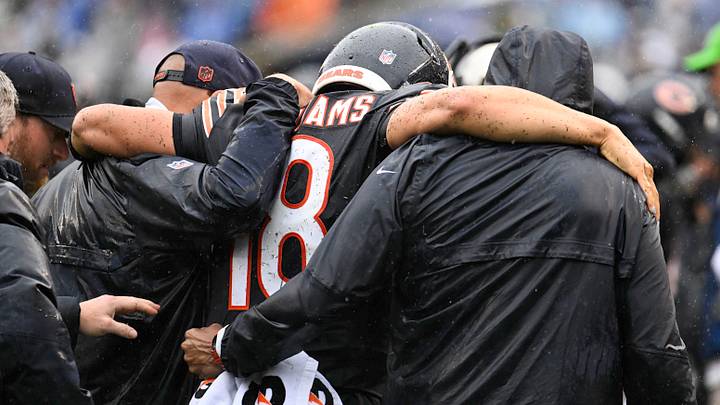 Chicago Bears QB Caleb Williams is helped off the field with an apparent injury. Mandatory Credit: Matt Marton-Imagn Images Chicago Bears QB Caleb Williams is helped off the field with an apparent injury. Mandatory Credit: Matt Marton-Imagn Images