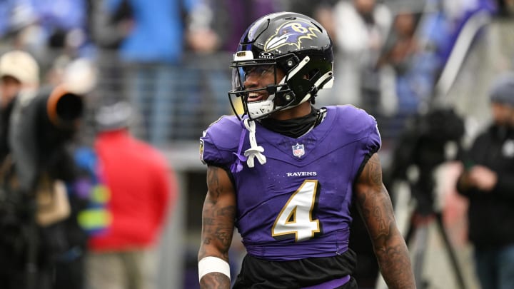 Jan 28, 2024; Baltimore, Maryland, USA; Baltimore Ravens wide receiver Zay Flowers (4) looks on from the field prior to the AFC Championship football game against the Kansas City Chiefs at M&T Bank Stadium. Mandatory Credit: Tommy Gilligan-USA TODAY Sports Jan 28, 2024; Baltimore, Maryland, USA; Baltimore Ravens wide receiver Zay Flowers (4) looks on from the field prior to the AFC Championship football game against the Kansas City Chiefs at M&T Bank Stadium. Mandatory Credit: Tommy Gilligan-USA TODAY Sports