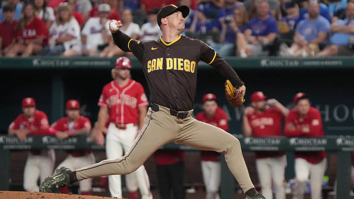 Jun 20, 2026; Arlington, Texas, USA;  San Diego Padres pitcher Walker Buehler (10) throws to the plate against the Texas Rangers during the second inning at Globe Life Field. Mandatory Credit: Raymond Carlin III-Imagn Images