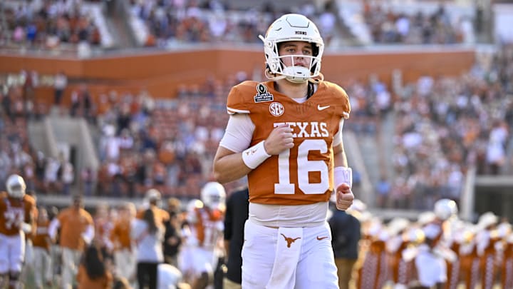 Dec 21, 2024; Austin, Texas, USA; Texas Longhorns quarterback Arch Manning (16) takes the field before the game between the Texas Longhorns and the Clemson Tigers in the CFP National Playoff First Round at Darrell K Royal-Texas Memorial Stadium. Mandatory Credit: Jerome Miron-Imagn Images