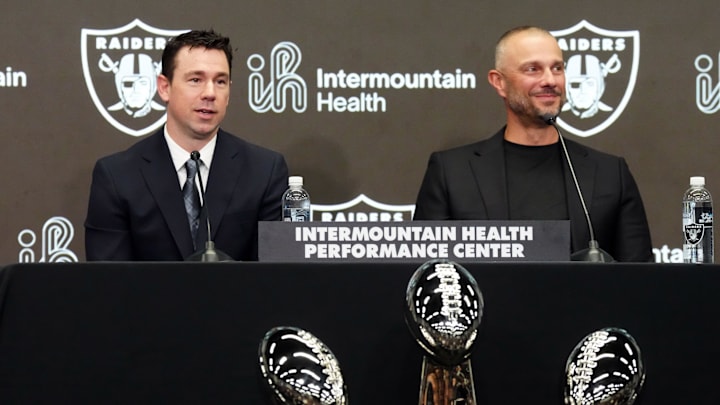 Feb 10, 2026; Henderson, NV, USA; Las Vegas Raiders coach Klint Kubiak (left) and general manager John Spytek at introductory press conference at Intermountain Health Performance Center. Mandatory Credit: Kirby Lee-Imagn Images