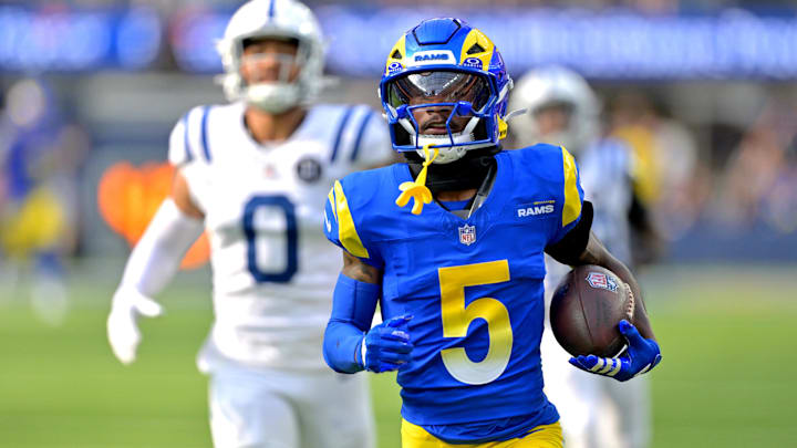 Sep 28, 2025; Inglewood, California, USA; Los Angeles Rams wide receiver Tutu Atwell (5) runs for a touchdown on an 88-yard pass play in the fourth quarter against the Indianapolis Colts at SoFi Stadium. Mandatory Credit: Jayne Kamin-Oncea-Imagn Images Sep 28, 2025; Inglewood, California, USA; Los Angeles Rams wide receiver Tutu Atwell (5) runs for a touchdown on an 88-yard pass play in the fourth quarter against the Indianapolis Colts at SoFi Stadium. Mandatory Credit: Jayne Kamin-Oncea-Imagn Images