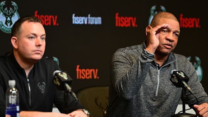 Doc Rivers speaks at a press conference with general manager Jon Horst as Rivers is introduced as the new head coach of the Milwaukee Bucks at the Fiserv Forum on January 27, 2024.