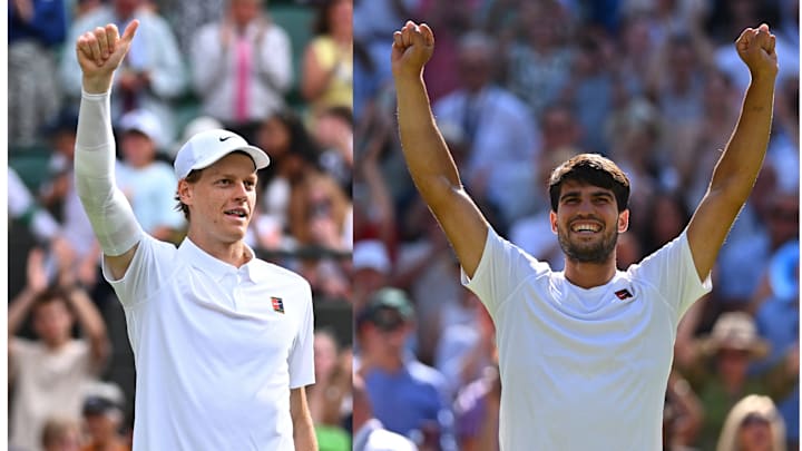 Jannik Sinner and Carlos Alcaraz wear pieces from the Nike 'London Collection' at Wimbledon 2025.